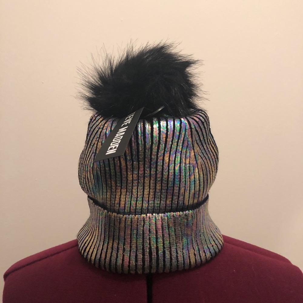 Steve Madden holographic pom pom hat